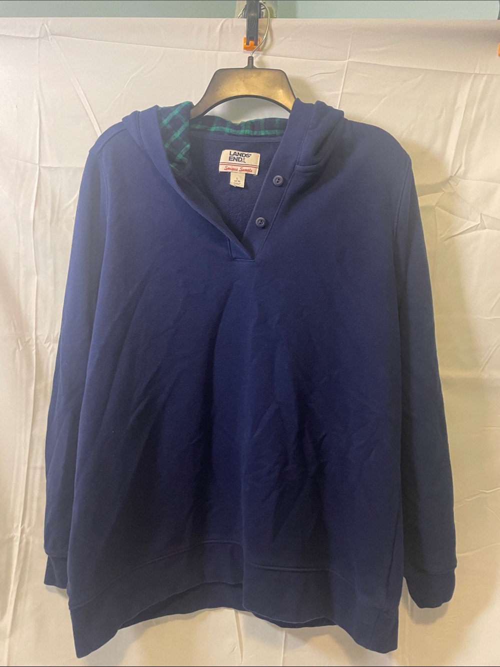 Lands' End Serious Sweats Henley Dark Blue Hooded Pullover with Button V-Neck